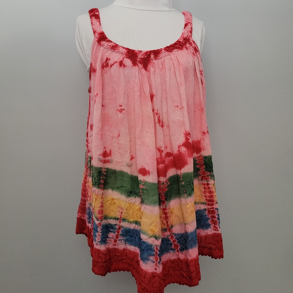 India Boutique Colorful Tie-Dye Sleeveless Top, Embroidered Free‎ size